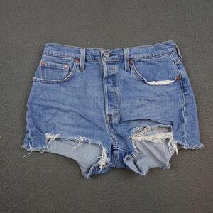 Levis 501 Shorts Womens 29 Blue High Rise Button Fly Cutoff Distressed Denim